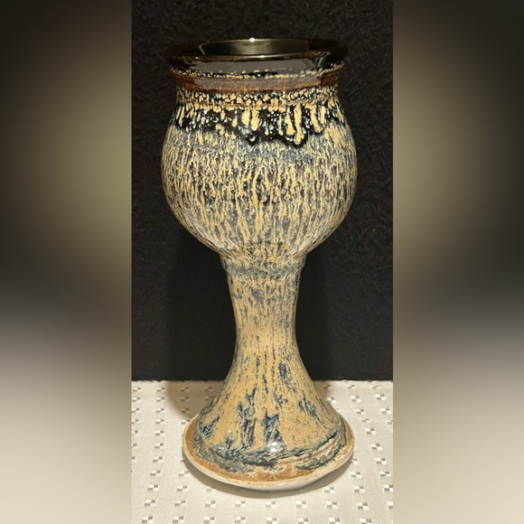2 Hand Thrown Stoneware Studio Pottery Pedestal Chalice Cup Goblet Blue Brown - Picture 3 of 9